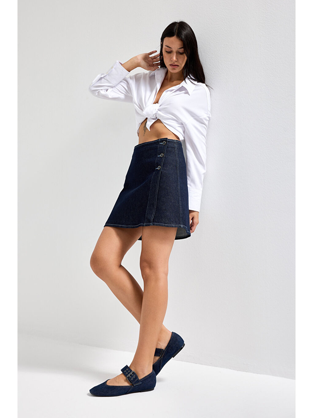 Kadın İndigo renk 7w5-50 Straight Fit Düğmeli Denim Etek-4