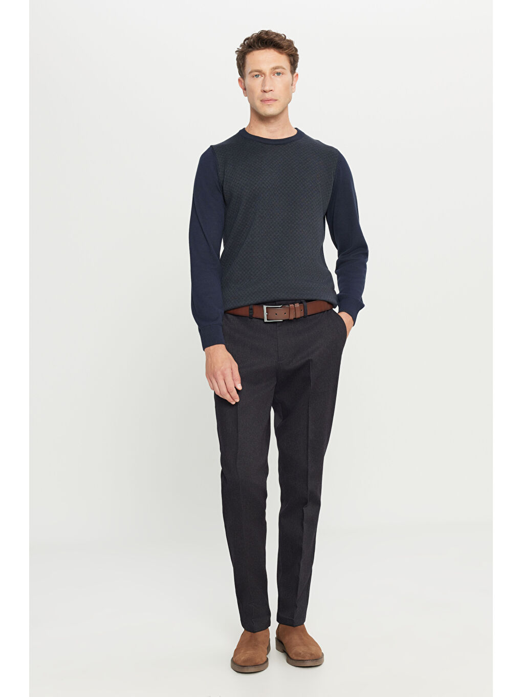 Erkek Lacivert Pamuklu Standart Fit Normal Kesim Bisiklet Yaka Desenli Triko Kazak-1