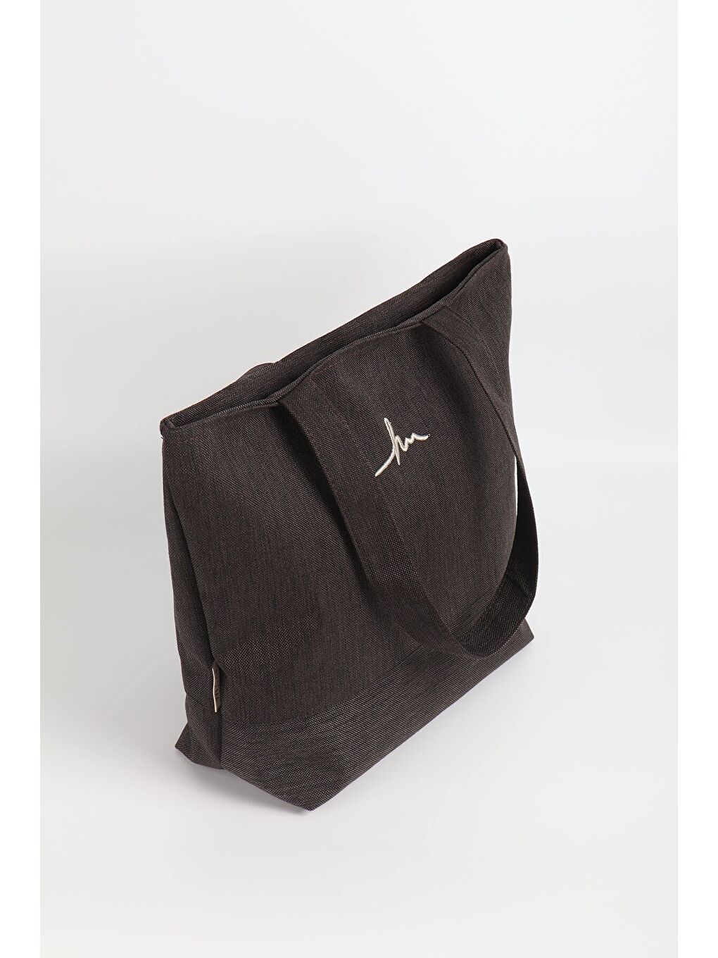 İmza Detaylı Nakışlı Fermuarlı Keten Plaj Omuz Çantası Kahverengi 35-2