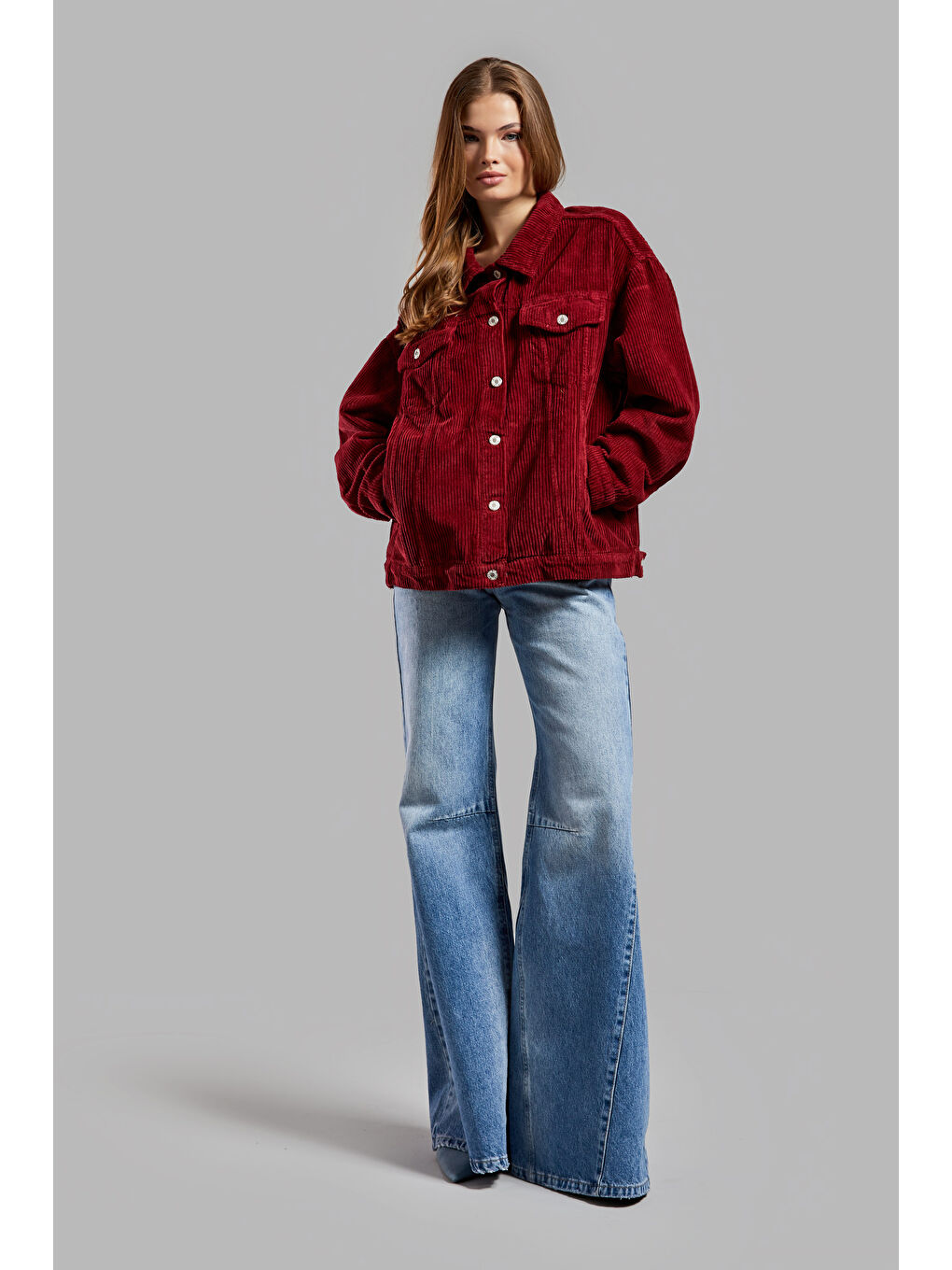 Kadın Bordo Renk Kalın Fitilli Kadife Kumaş Oversize Ceket-2