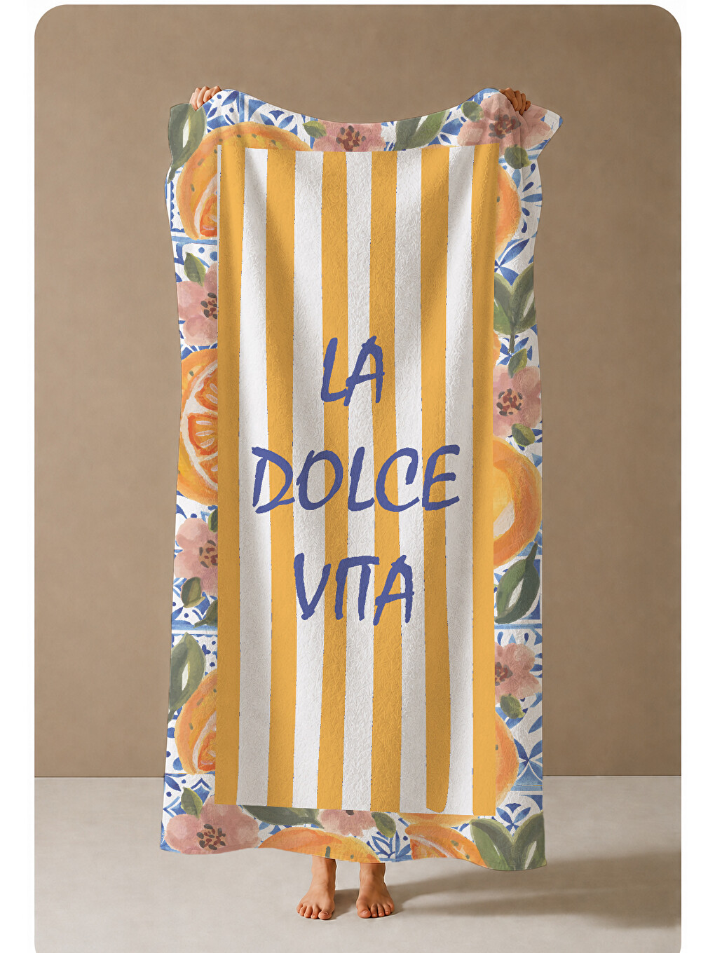 Sarı Çizgili La Dolce Vita Narenciye Çerçeveli 70x150 Cm Dijital Baskılı Plaj Ve Banyo Havlusu-3