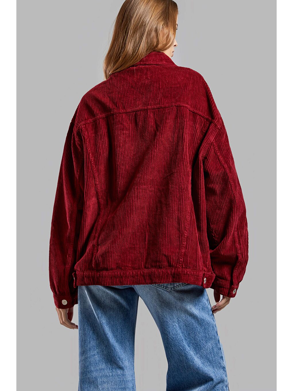 Kadın Bordo Renk Kalın Fitilli Kadife Kumaş Oversize Ceket-3