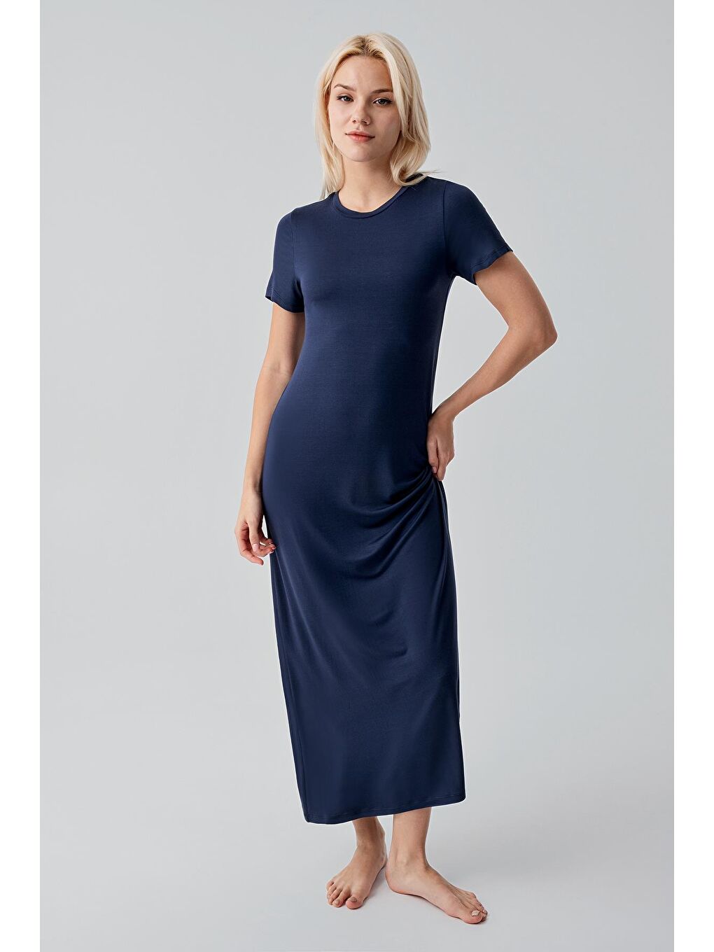 Lacivert Kısa Kollu Uzun Basic Rahat Günlük Elastanlı Esnek Viskoz Soft Elbise 19110-1