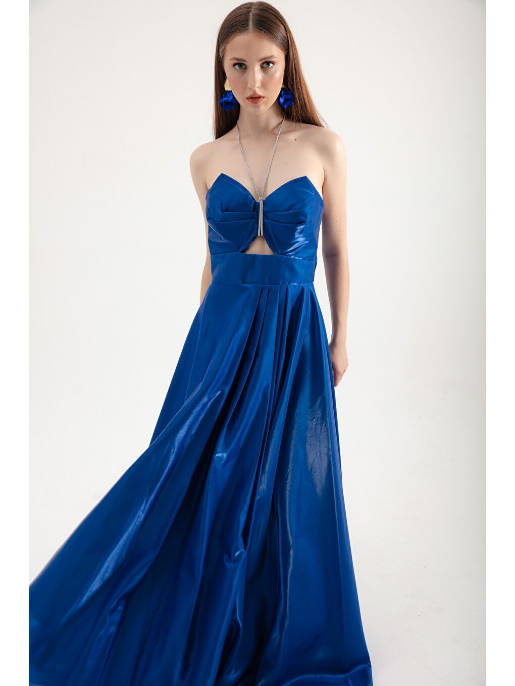 Mavi Kadın Saks Taş Askılı Uzun Abiye Elbise-1