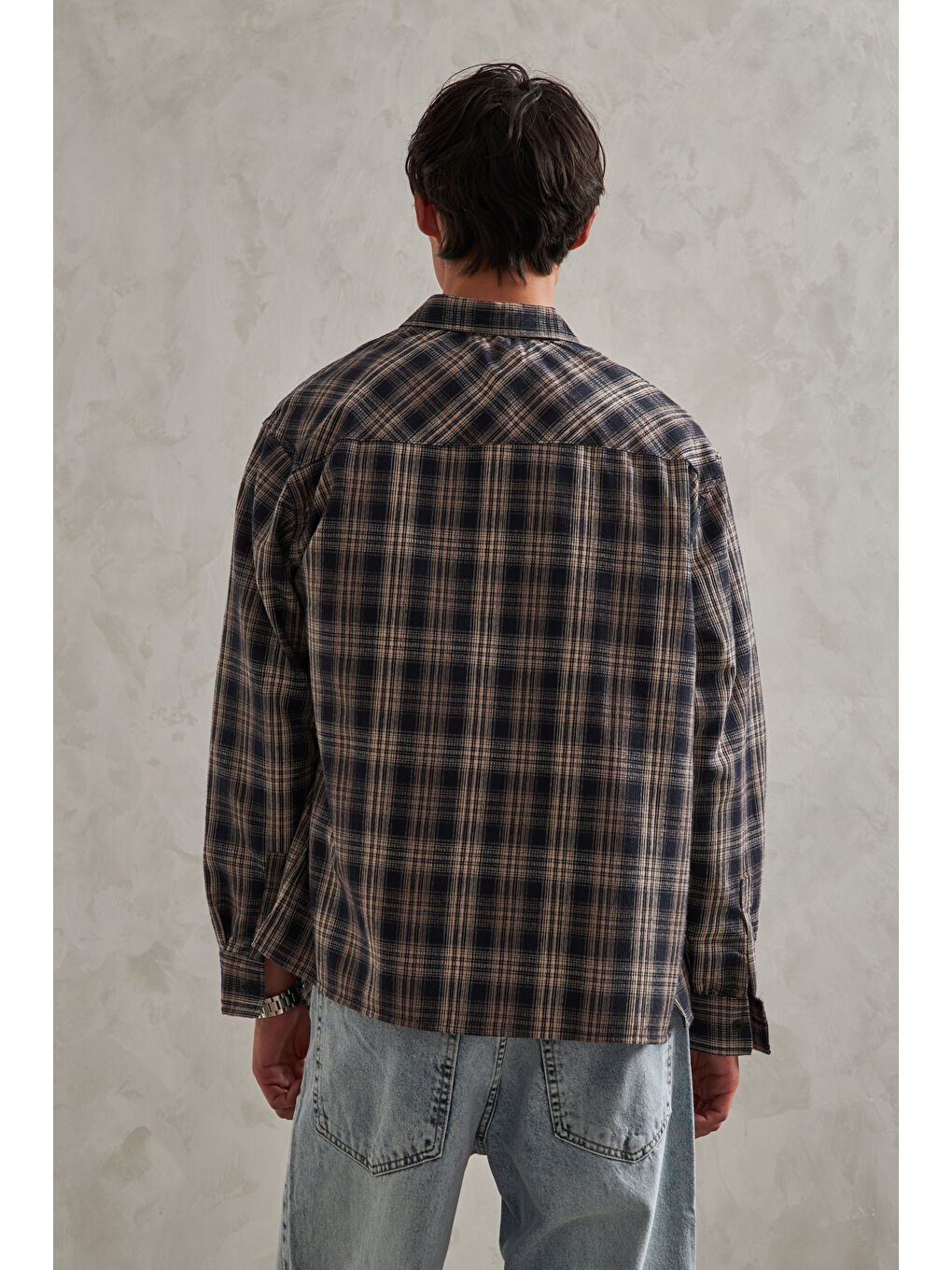 Bej Erkek Oversize %100 Pamuk Ekose Gömlek-2