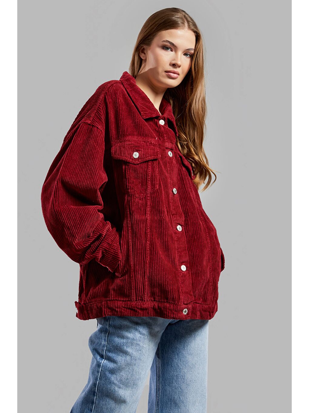 Kadın Bordo Renk Kalın Fitilli Kadife Kumaş Oversize Ceket-4