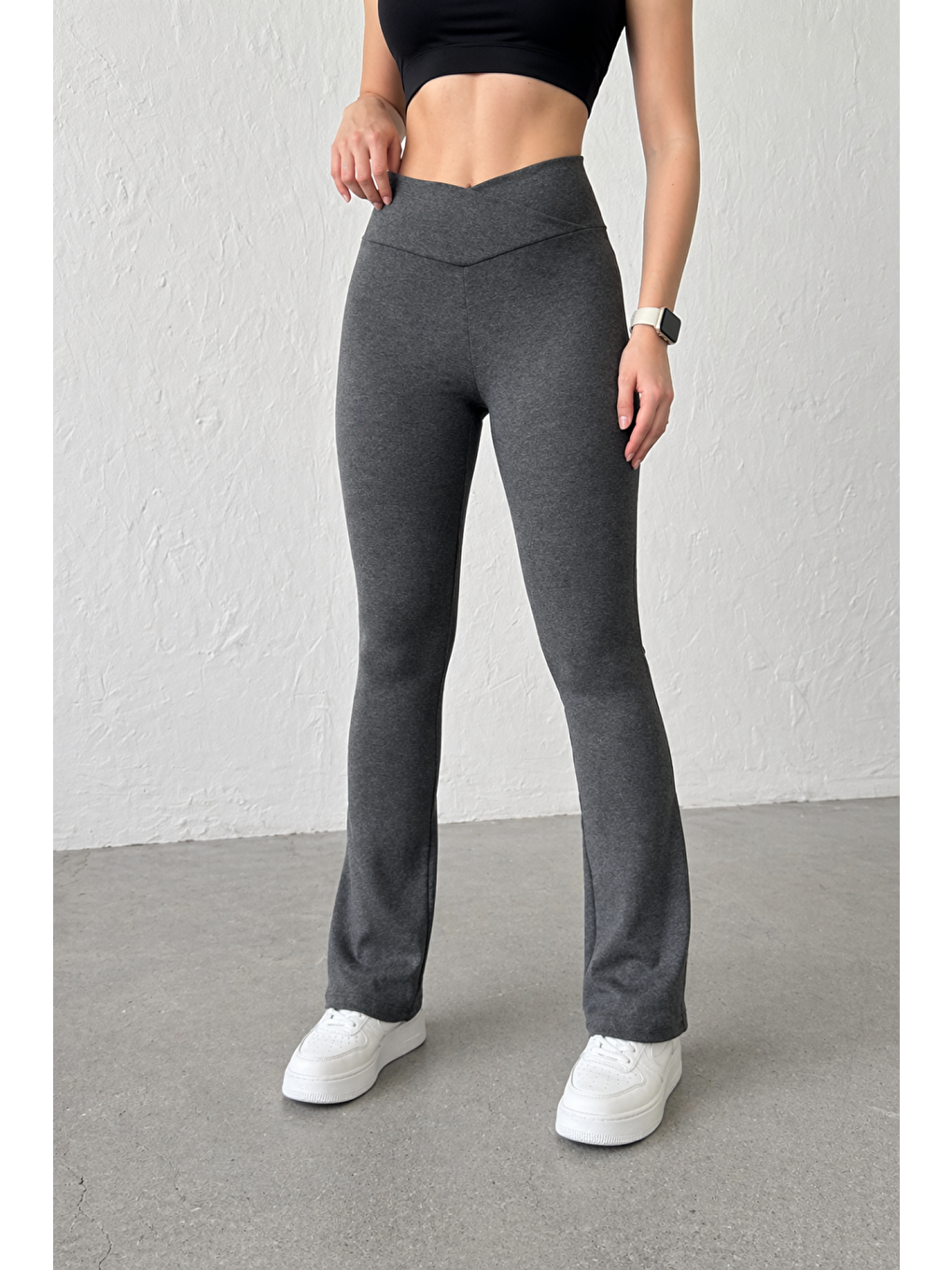 Gri Kadın Ekstra Yüksek Bel Toparlayıcı İspanyol Paça Ribana Kumaş Esnek Spor Rahat Günlük Tayt-2