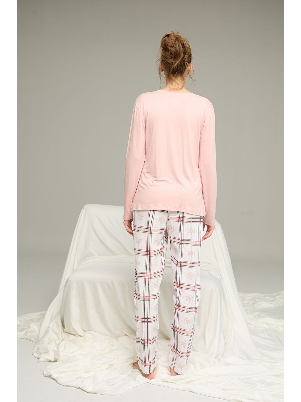 Pembe Pudra Ekose Desenli Örme Pamuklu Pijama Takım25240274-2