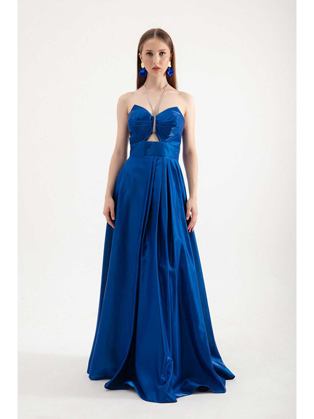 Mavi Kadın Saks Taş Askılı Uzun Abiye Elbise-3