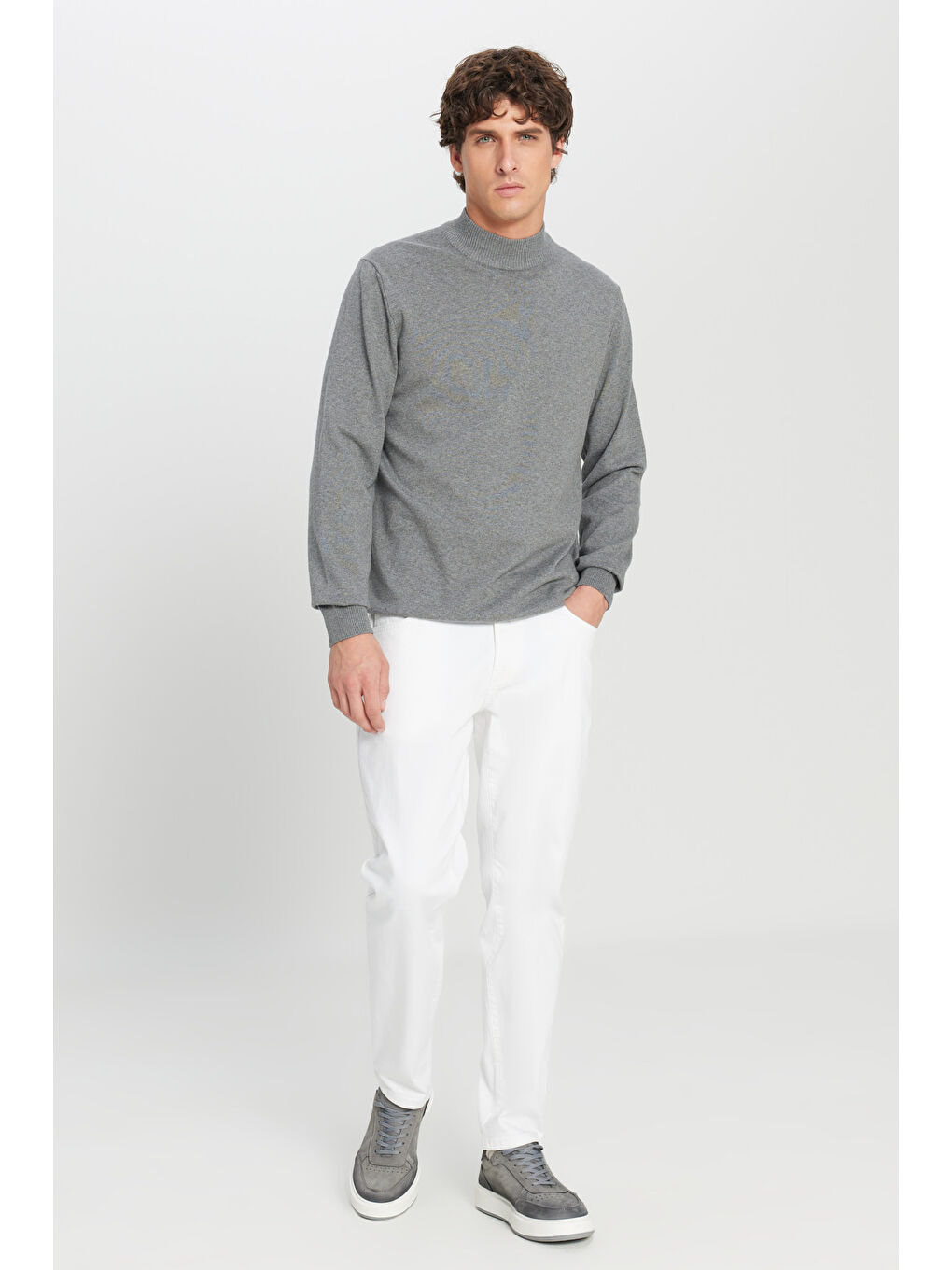 Erkek Gri Melanj Pamuklu Standart Fit Normal Kesim Yarım Balıkçı Yaka Triko Kazak-1