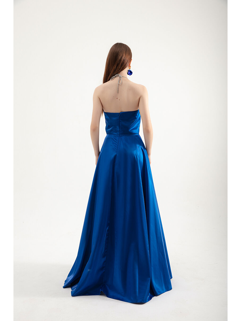 Mavi Kadın Saks Taş Askılı Uzun Abiye Elbise-4