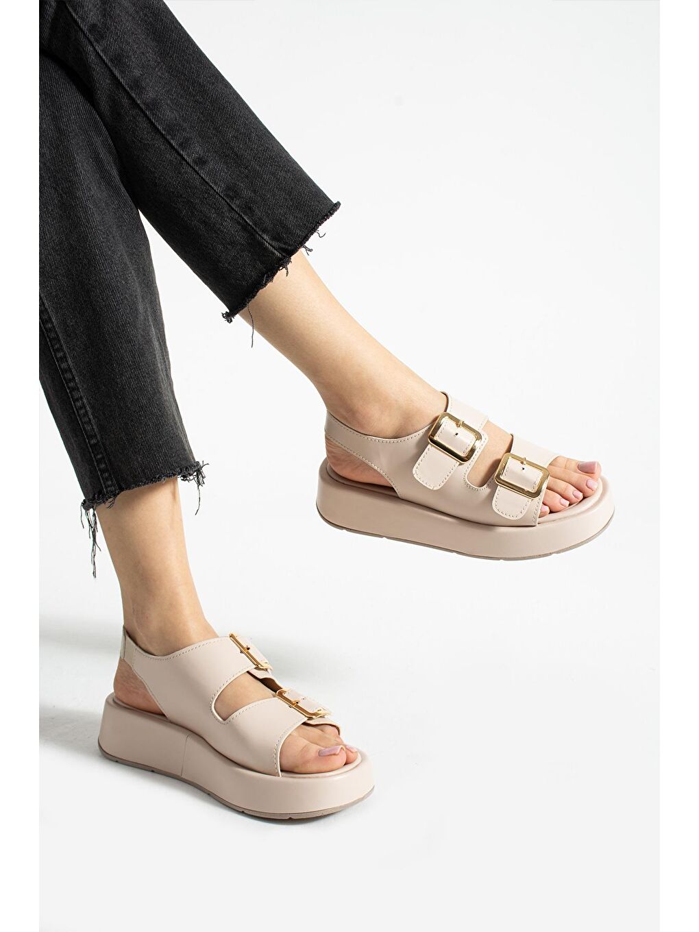 Ekru ADEL Dolgu Taban Kadın Sandalet Hafif Yazlık Ayakkabı Rahat Taban-2