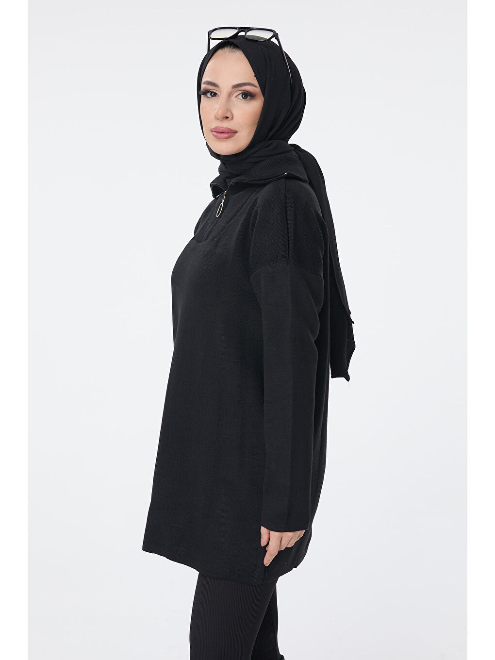 Fermuarlı Triko Uzun Kazak Siyah - 27627-2