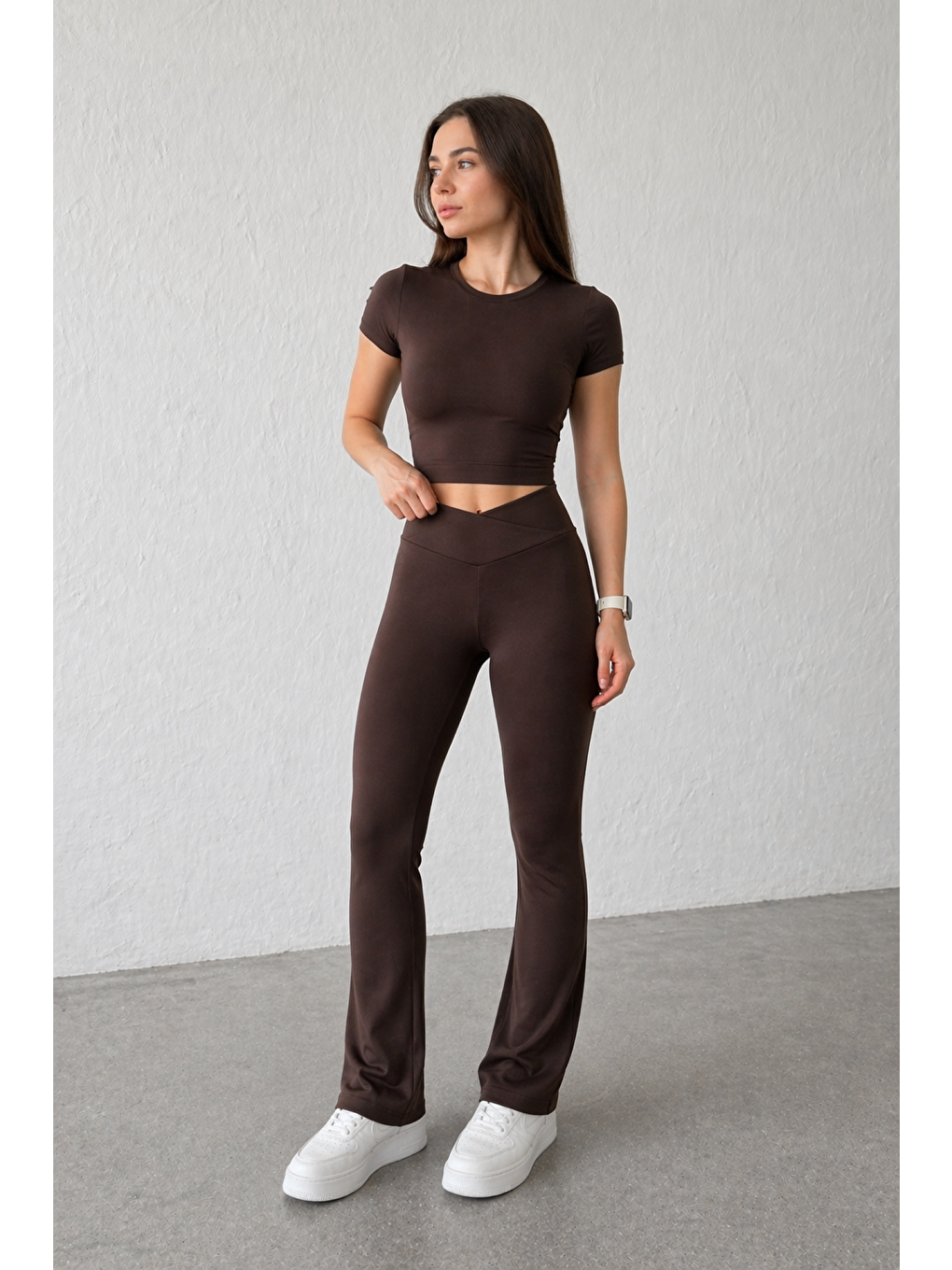 Kahverengi Kadın Ekstra Yüksek Bel Toparlayıcı İspanyol Paça Ribana Kumaş Esnek Spor Rahat Günlük Tayt-1