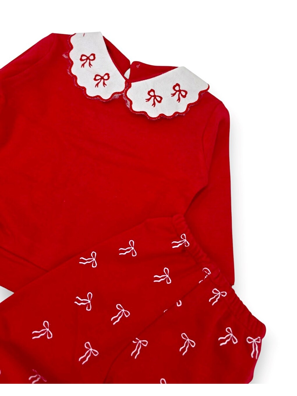 Kırmızı Kız Bebek Mevsimlik Fiyonk Baskılı Bebe Yakalı 9-12-18-24 Aylık Dar Kalıplı 2'li Alt Üst Bebek Takım-3