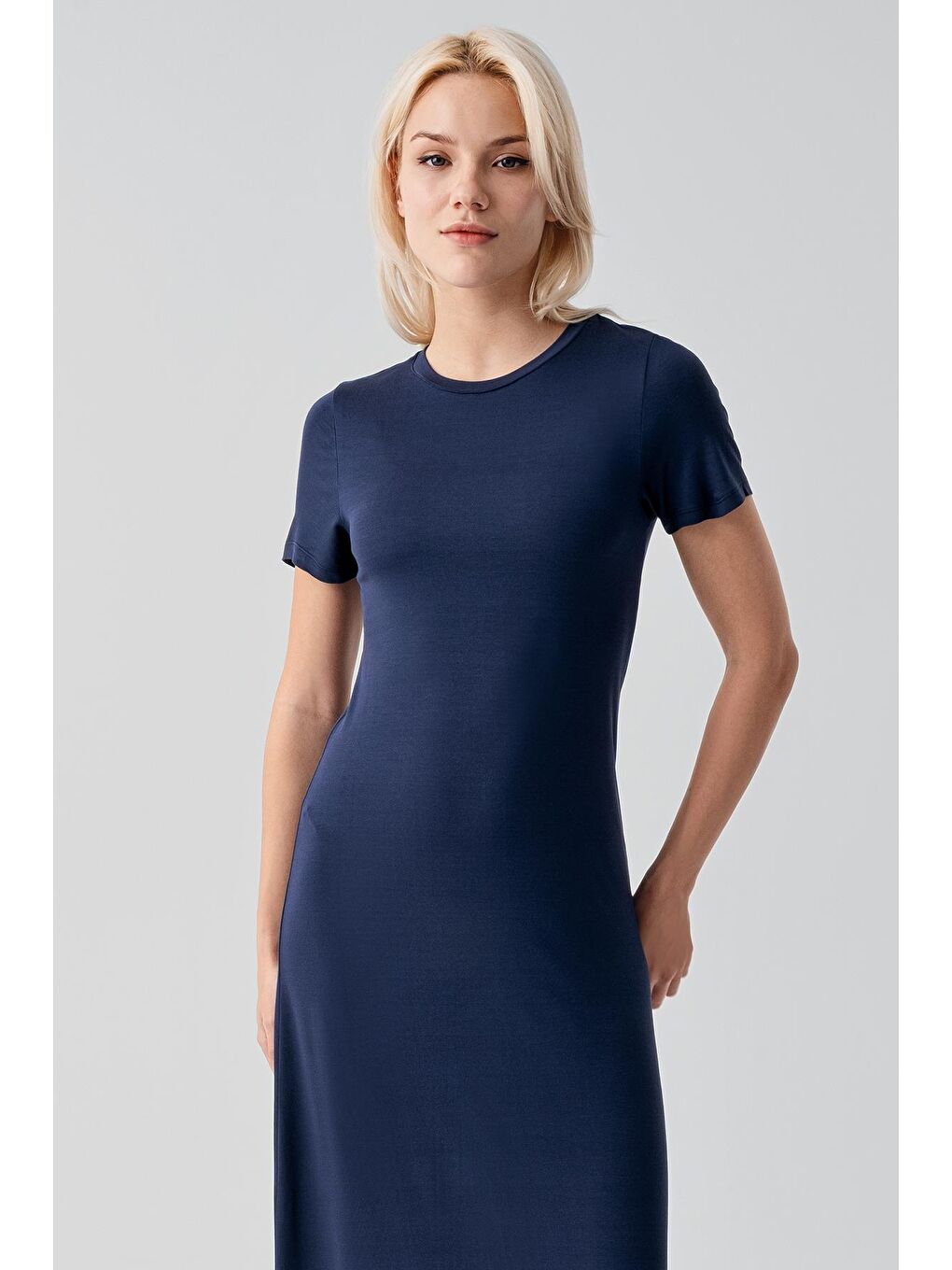 Lacivert Kısa Kollu Uzun Basic Rahat Günlük Elastanlı Esnek Viskoz Soft Elbise 19110-2