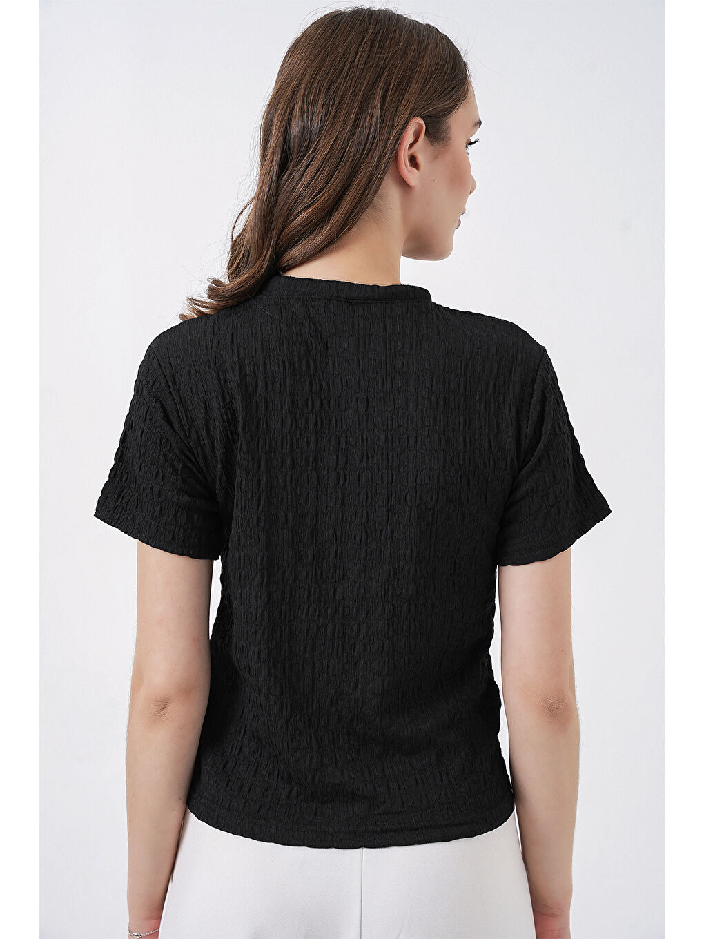 Kadın Kısa Kol Fularlı Örme Bluz 981 - Siyah-4