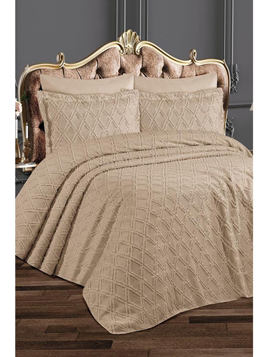 Azra 3 Parça Çift Kişilik Pike Takımı Bej