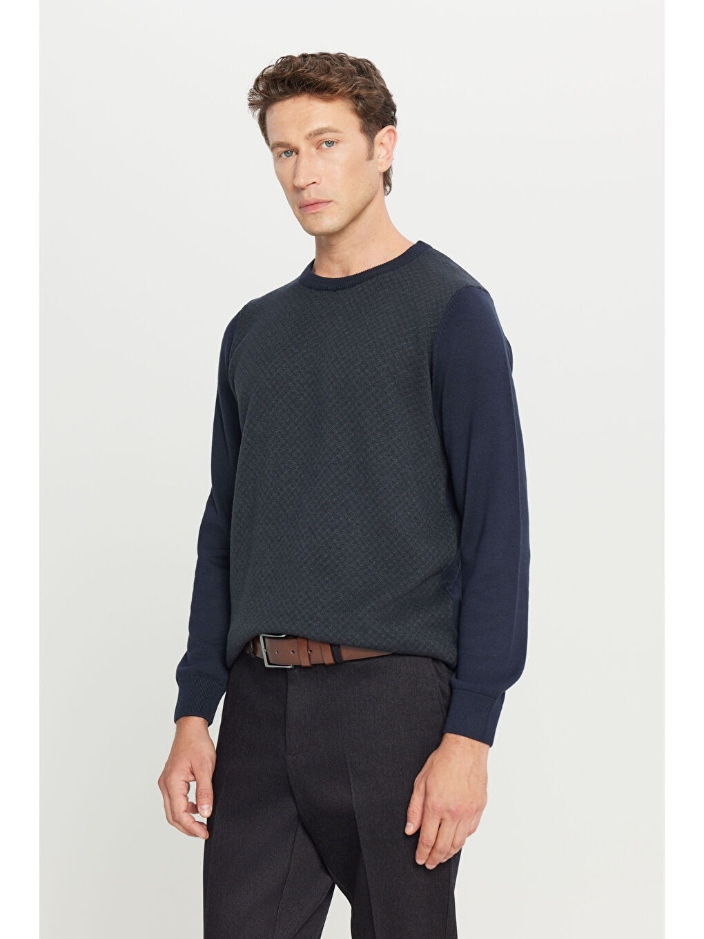 Erkek Lacivert Pamuklu Standart Fit Normal Kesim Bisiklet Yaka Desenli Triko Kazak-2