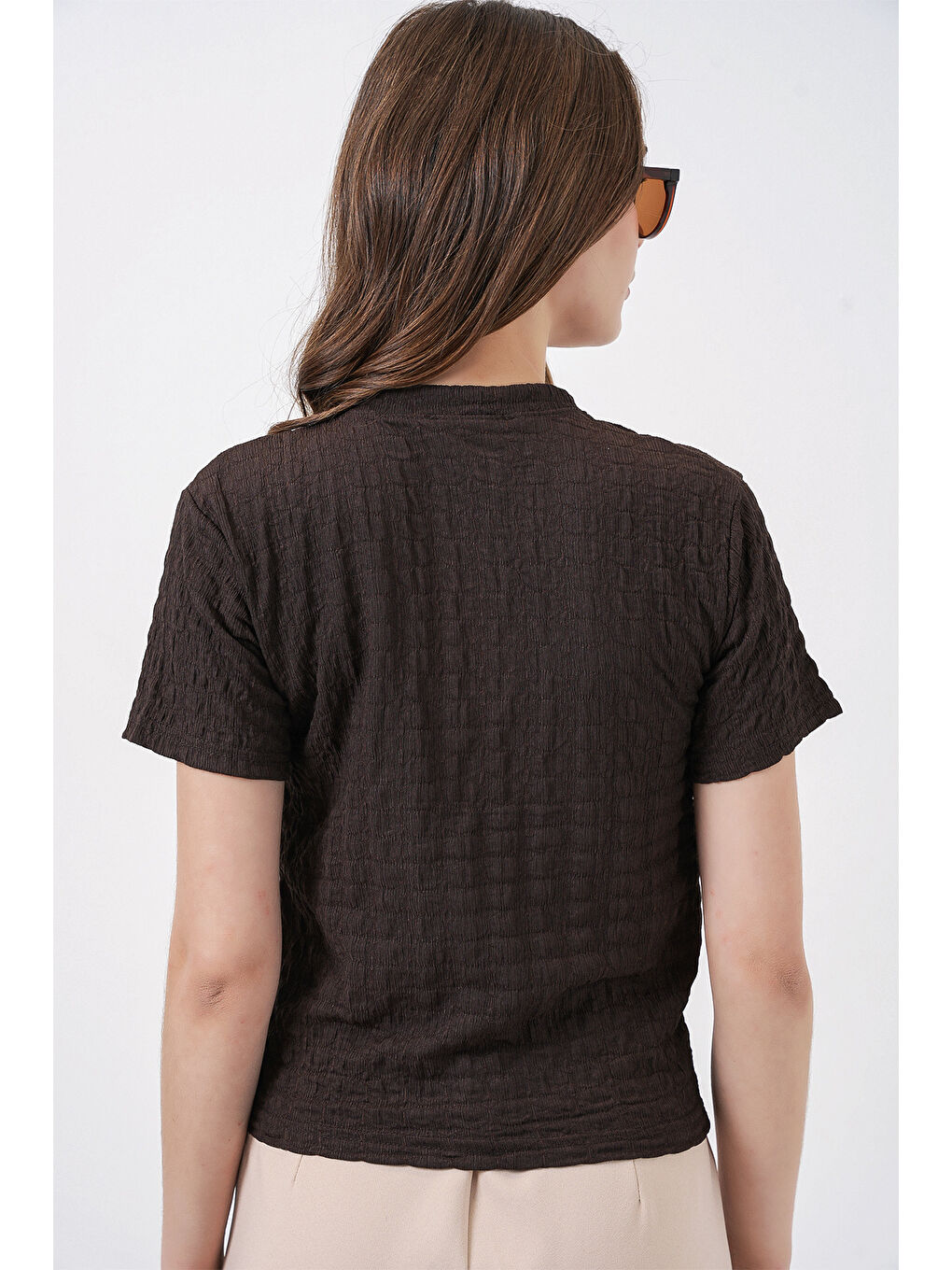 Kadın Kısa Kol Fularlı Örme Bluz 981 - Kahverengi-6