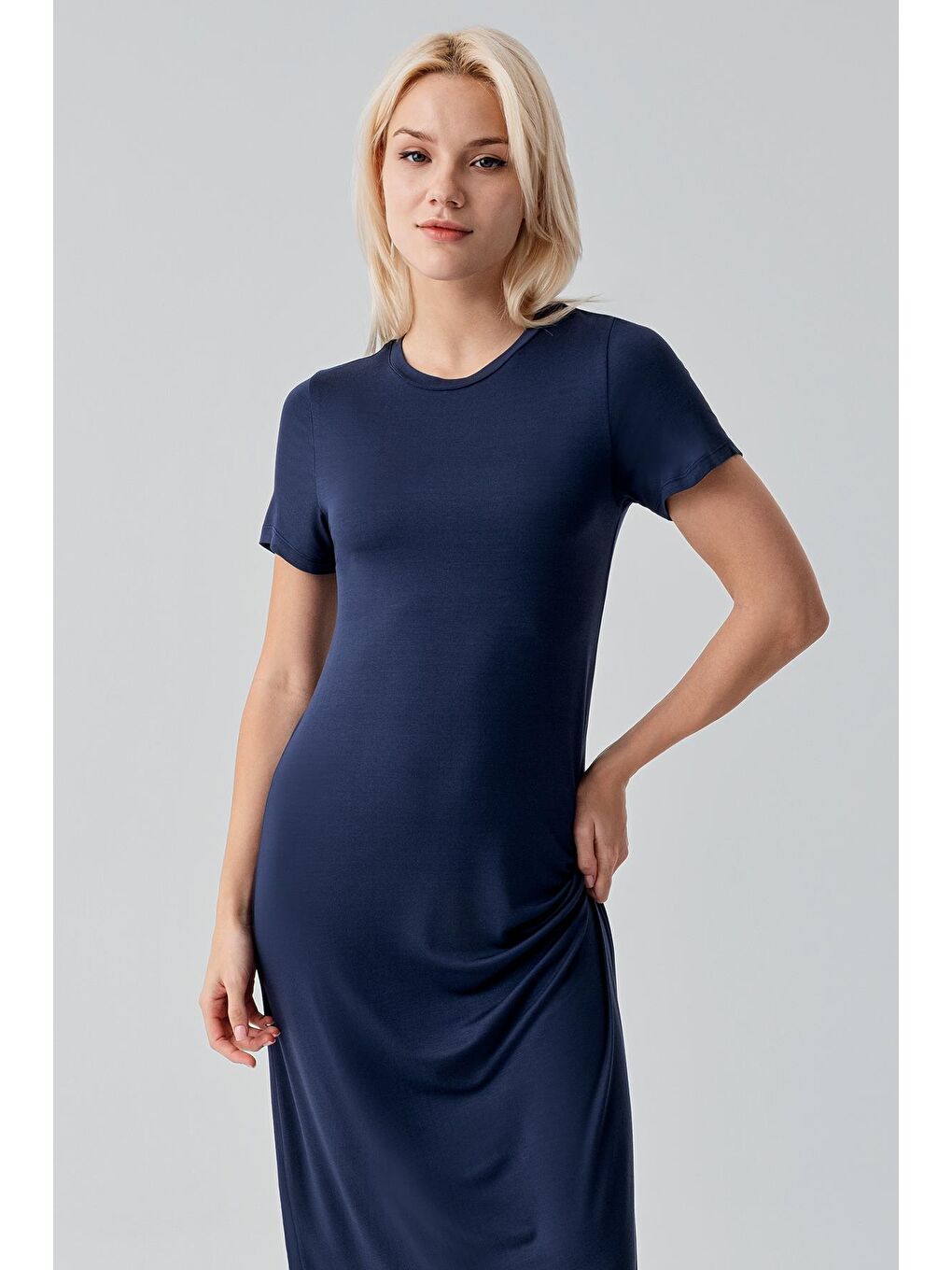 Lacivert Kısa Kollu Uzun Basic Rahat Günlük Elastanlı Esnek Viskoz Soft Elbise 19110-3