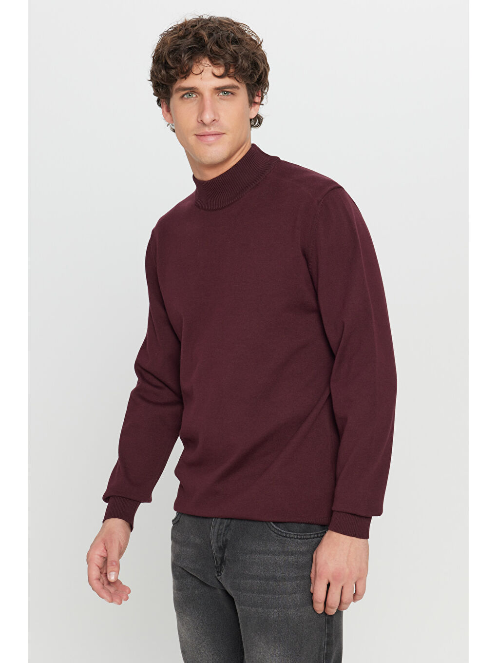 Erkek Bordo Pamuklu Standart Fit Normal Kesim Yarım Balıkçı Yaka Triko Kazak-2