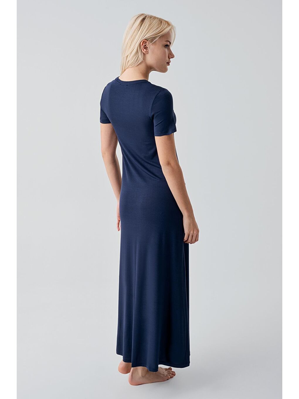 Lacivert Kısa Kollu Uzun Basic Rahat Günlük Elastanlı Esnek Viskoz Soft Elbise 19110-4