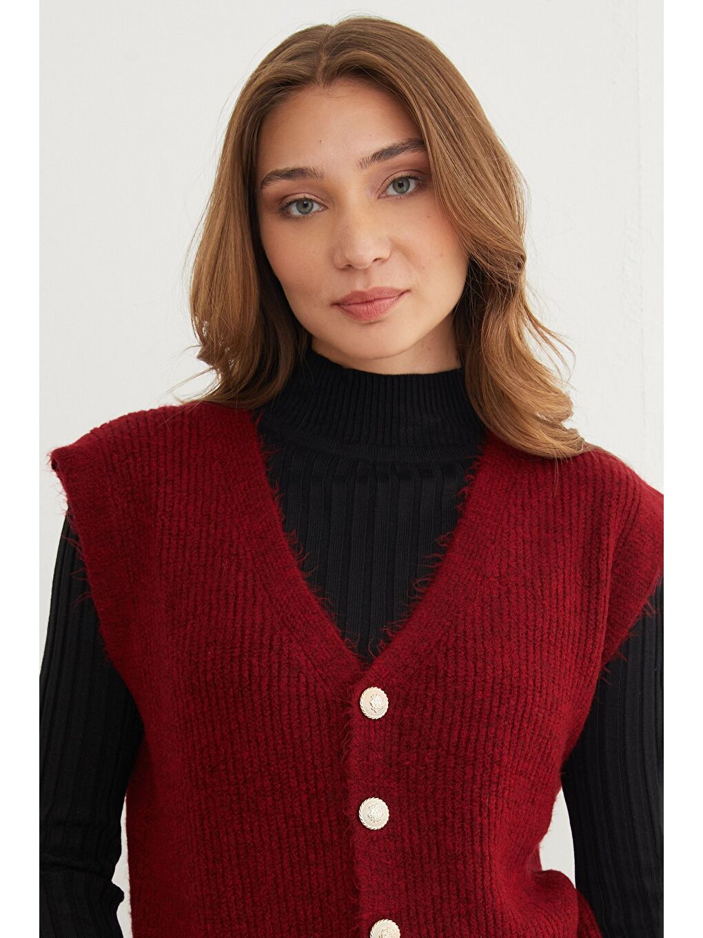Bordo Sakallı Düğmeli V Yaka Oversize Yelek-1