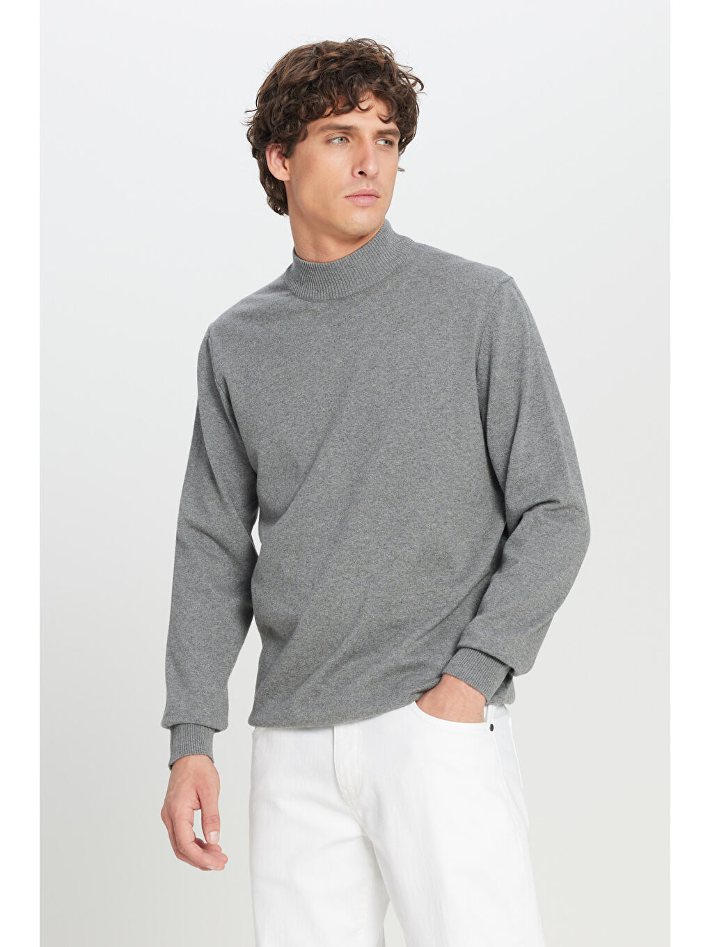 Erkek Gri Melanj Pamuklu Standart Fit Normal Kesim Yarım Balıkçı Yaka Triko Kazak-2