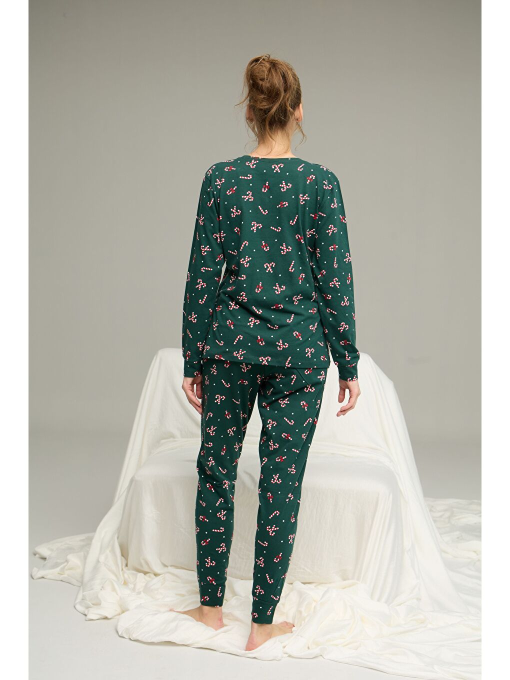 Yeşil Şeker Desenli Örme Pamuklu Pijama Takım25240277-2