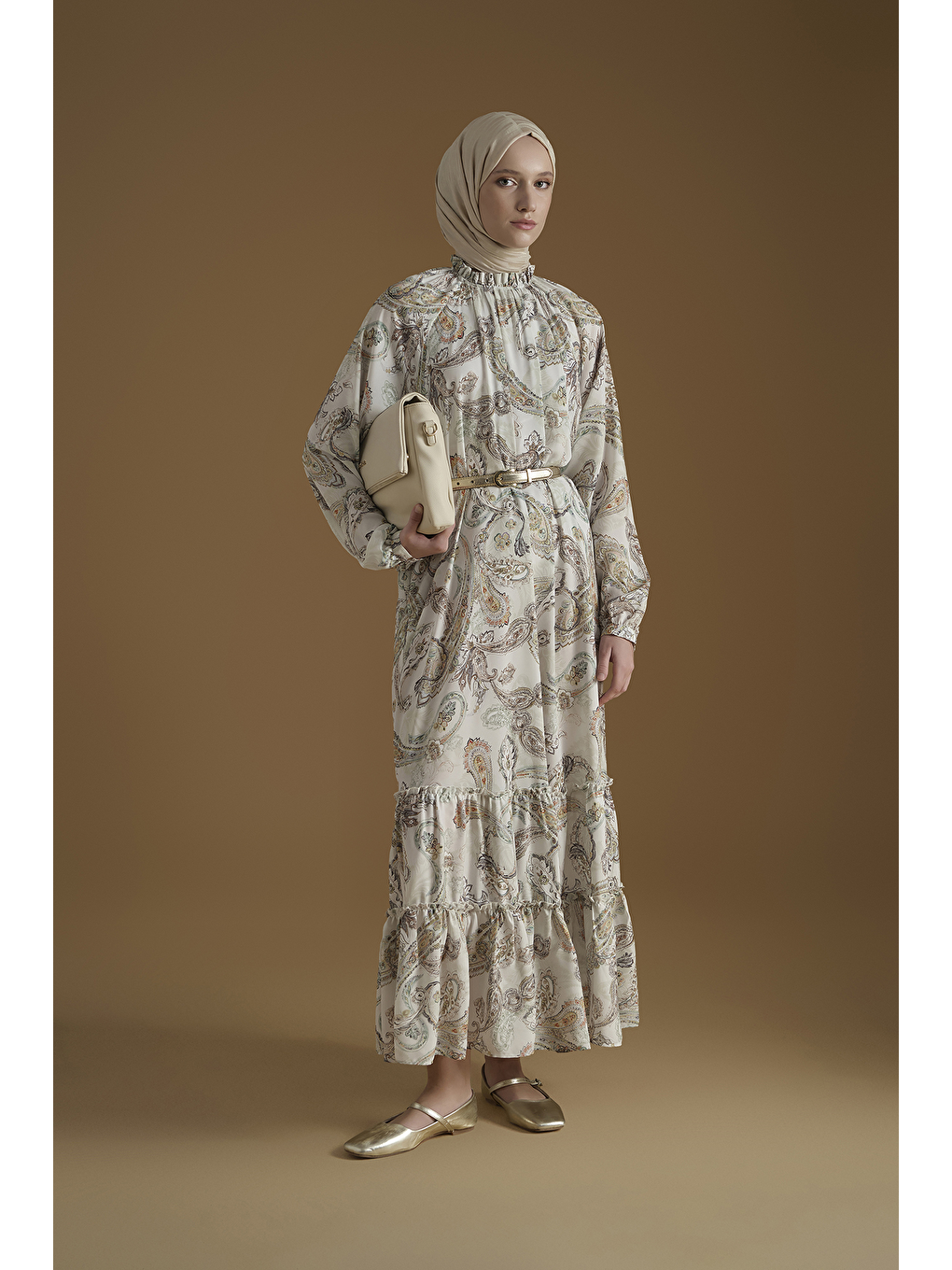 Şal Desenli Elbise Beyaz-1