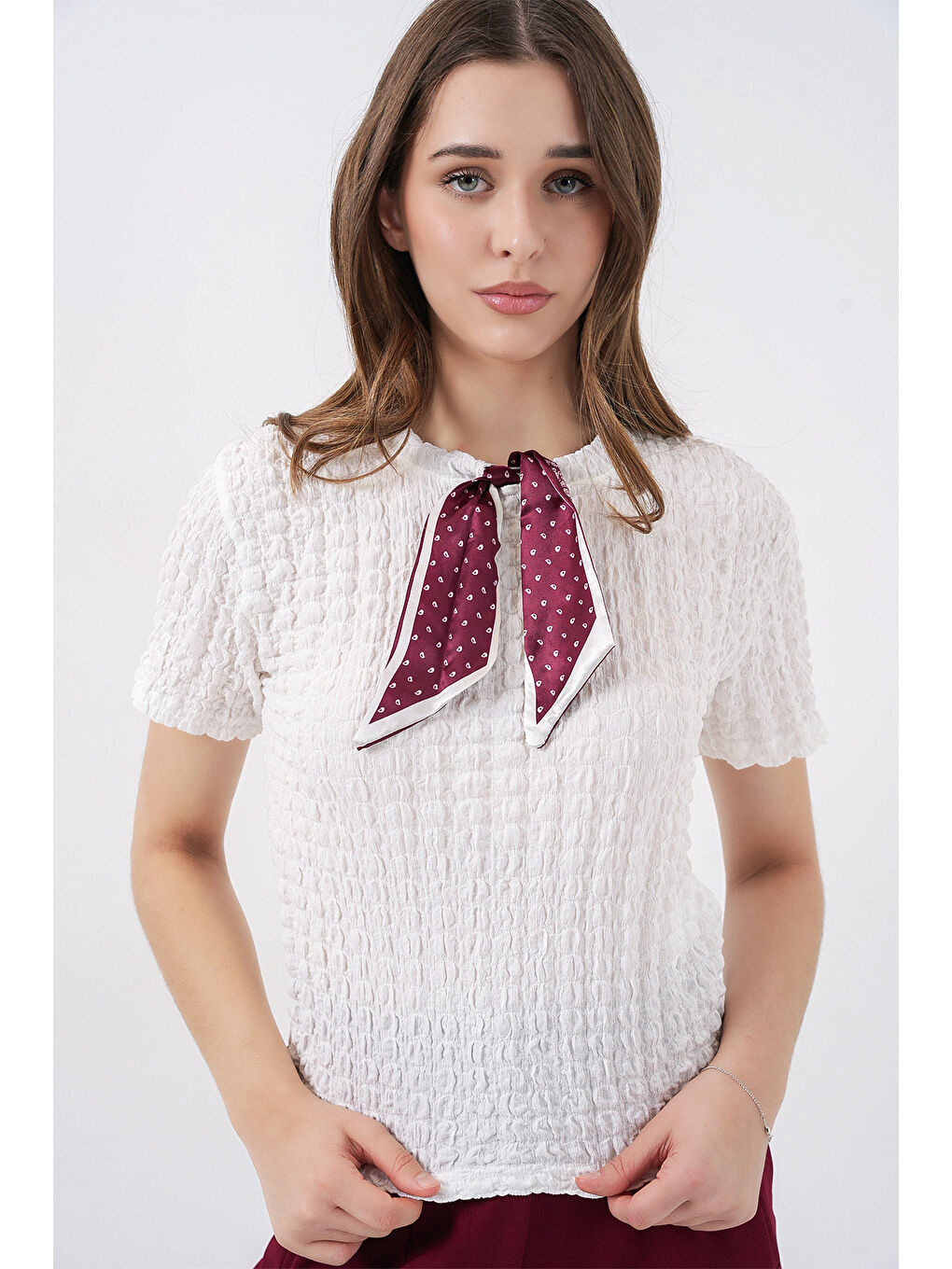 Kadın Kısa Kol Fularlı Örme Bluz 981 - Beyaz