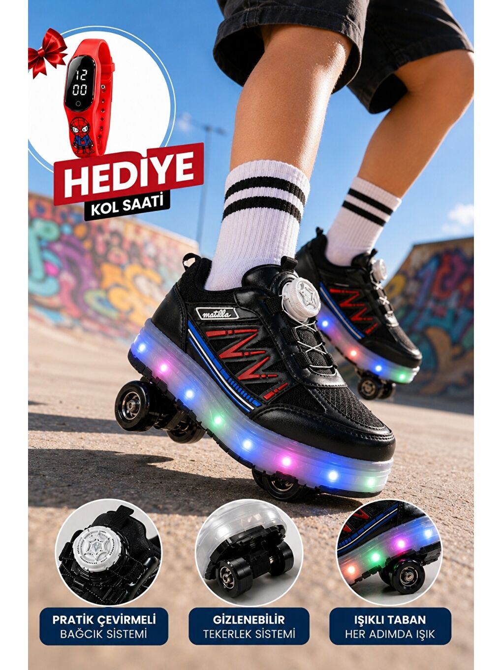 Siyah SKATE Çocuk Işıklı Patenli Tekerlekli Sneaker Spor Ayakkabı-1