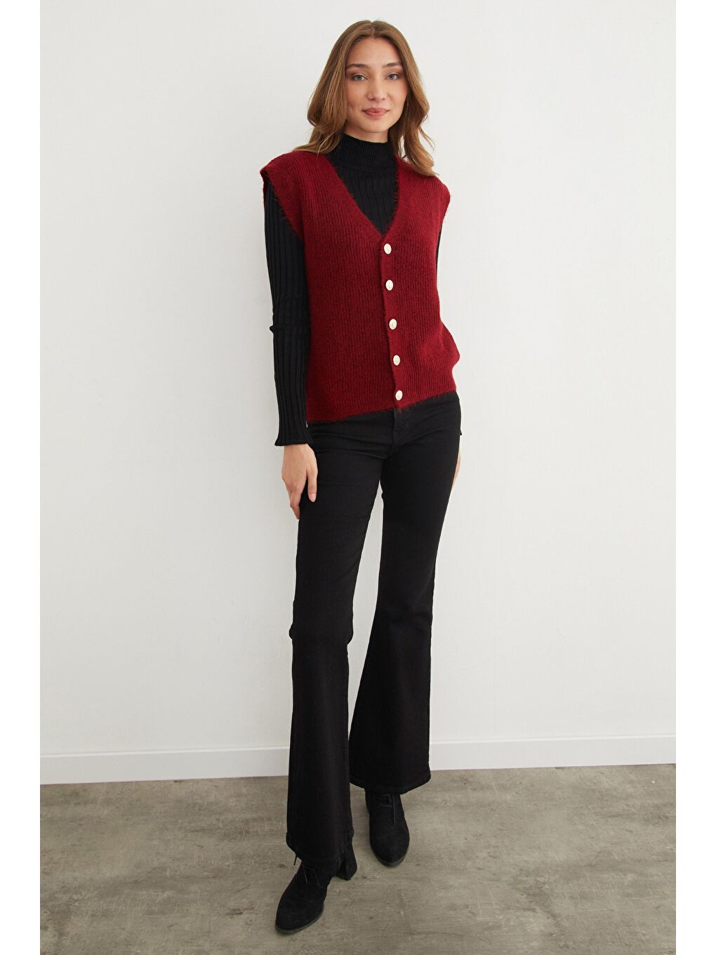 Bordo Sakallı Düğmeli V Yaka Oversize Yelek-2