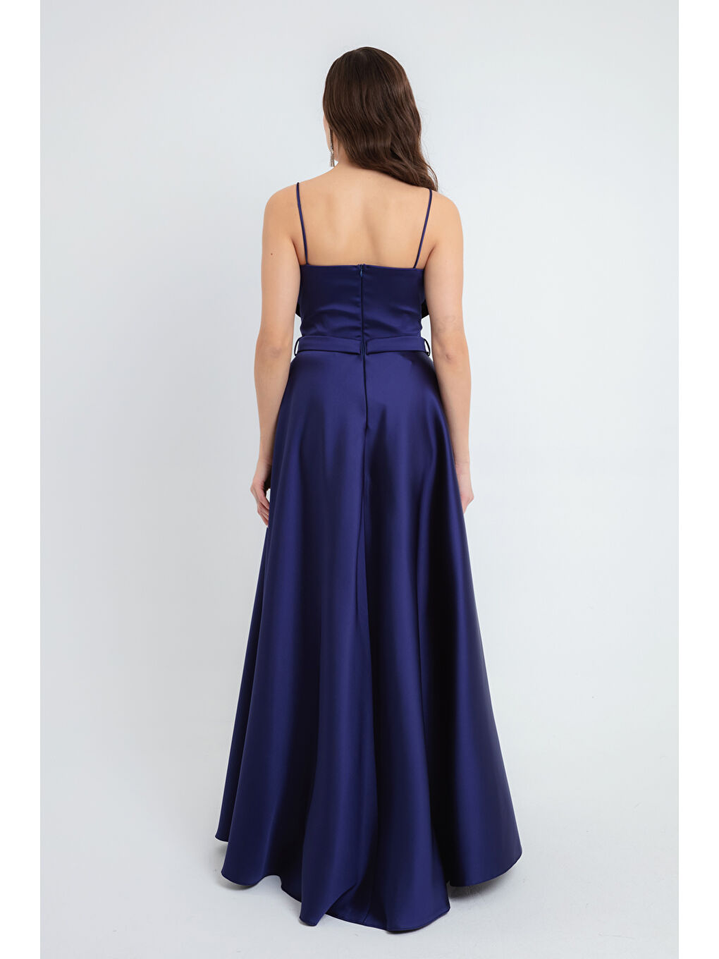 Kadın Lacivert Askılı Midi Saten Abiye Elbise-4