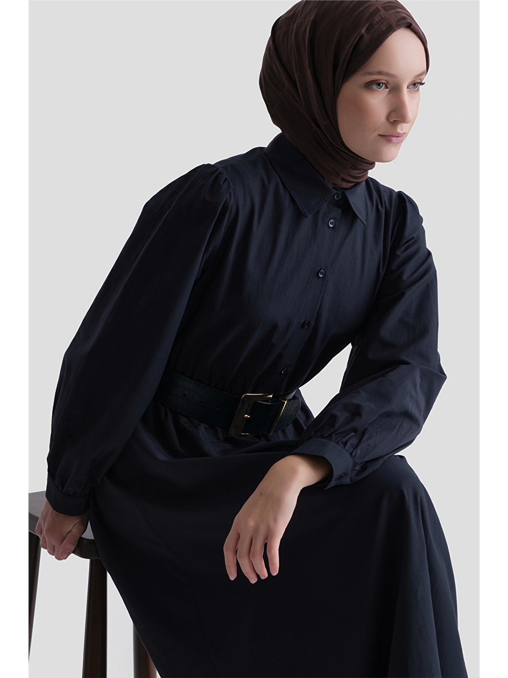 Beli Lastikli Poplin Elbise Lacivert