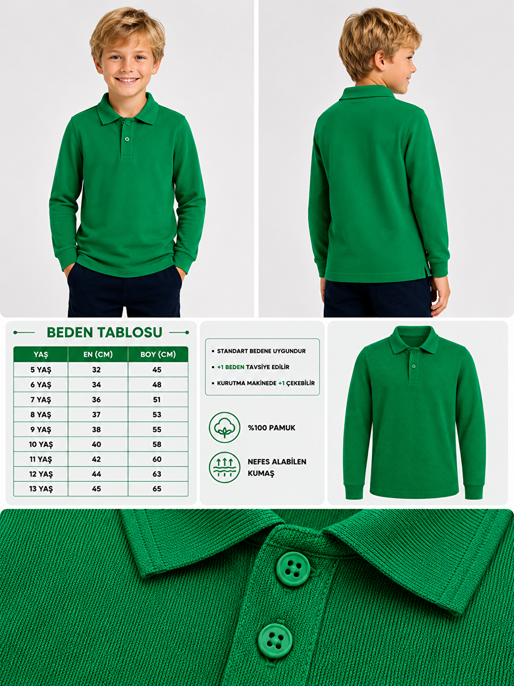 Yeşil Kids Polo Yaka Basic Uzun Kollu Unisex Kız Çocuk Tişört-3