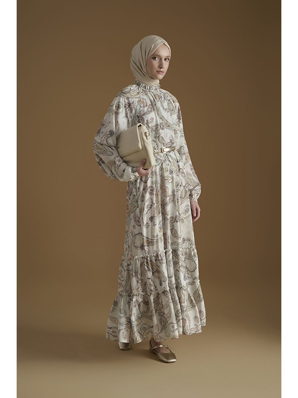 Şal Desenli Elbise Beyaz-2