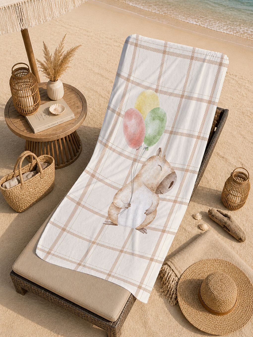 Bej Ekose Tavşan Ve Balon Desenli 70x150 Cm Dijital Baskılı Plaj Ve Banyo Havlusu-4