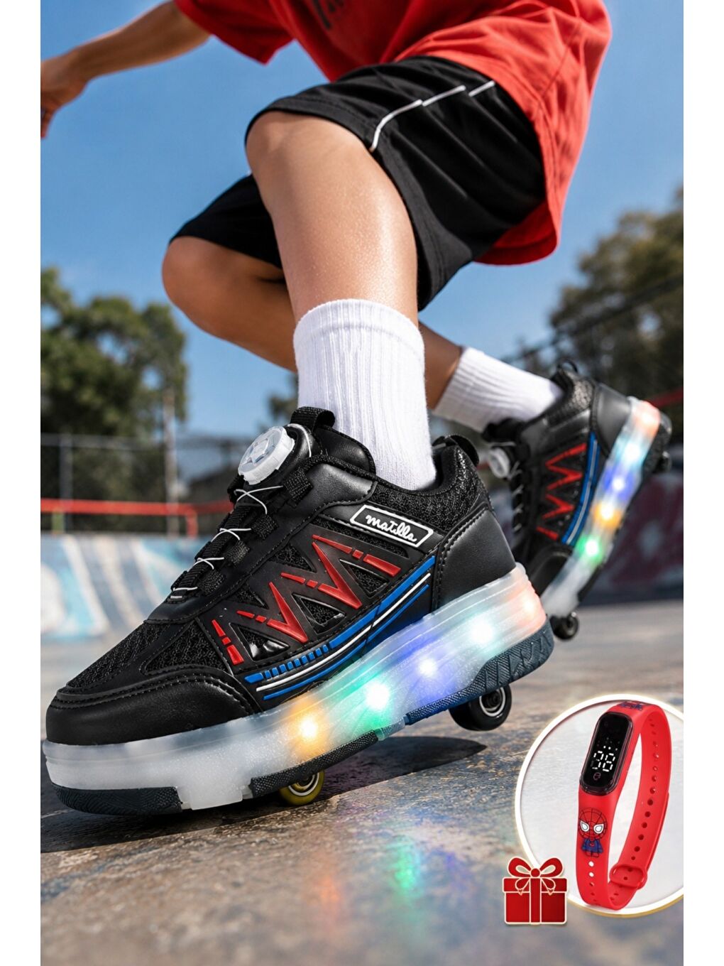 Siyah SKATE Çocuk Işıklı Patenli Tekerlekli Sneaker Spor Ayakkabı-3