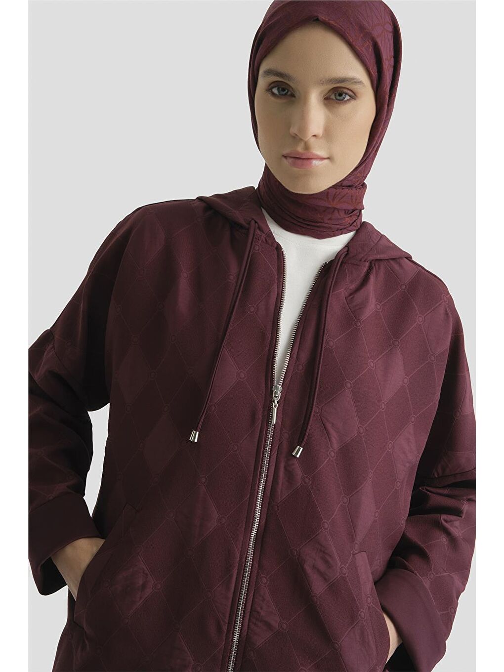 Desenli Kapüşonlu Relax Takım Bordo