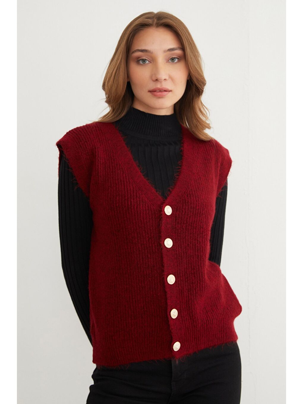 Bordo Sakallı Düğmeli V Yaka Oversize Yelek-3