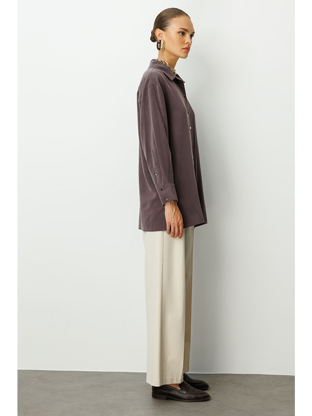 Yan Düğmeli Kahverengi Cupro Tunik-3