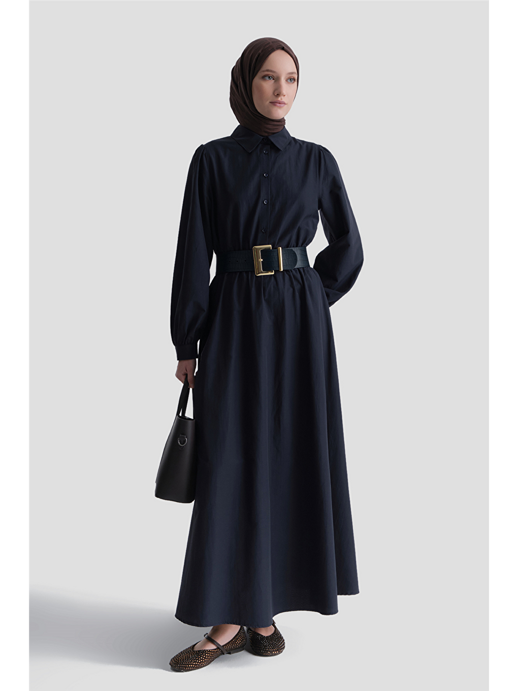 Beli Lastikli Poplin Elbise Lacivert-1