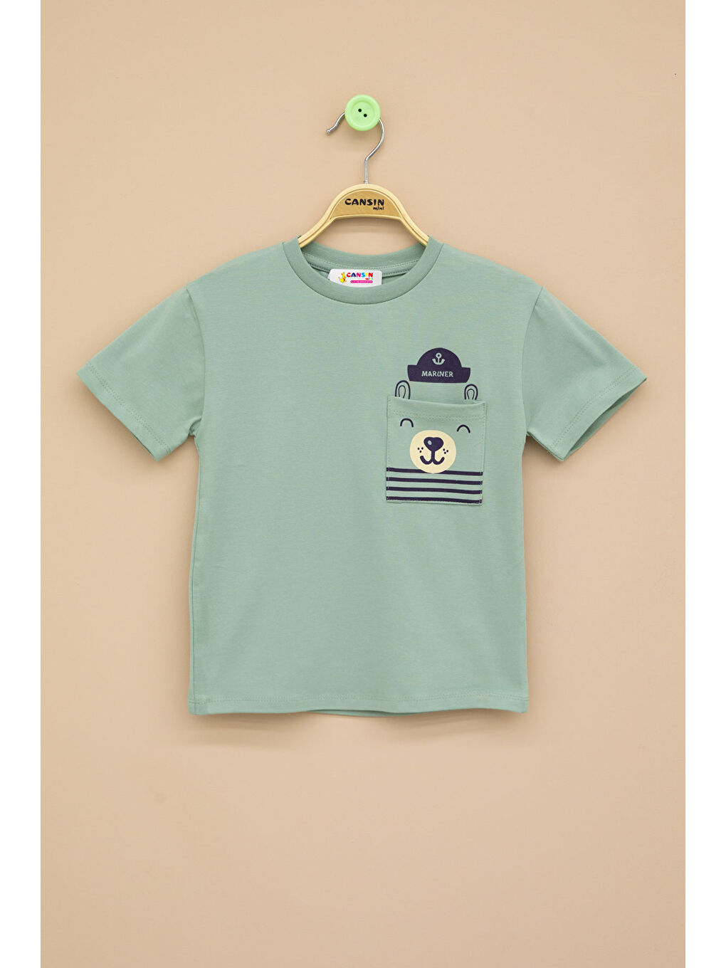 Yeşil Ayıcık Baskılı Cepli Erkek Bebek Tişört 20935
