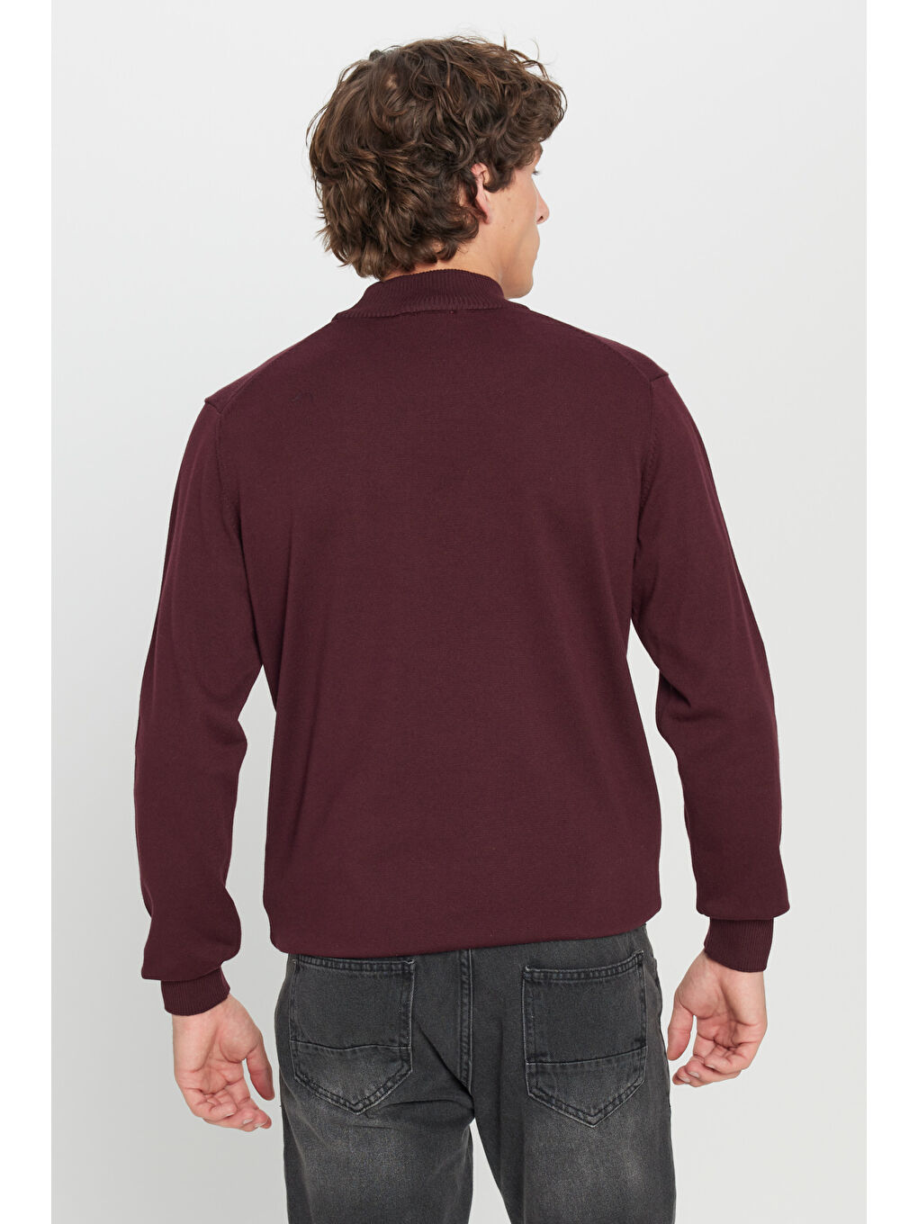 Erkek Bordo Pamuklu Standart Fit Normal Kesim Yarım Balıkçı Yaka Triko Kazak-4
