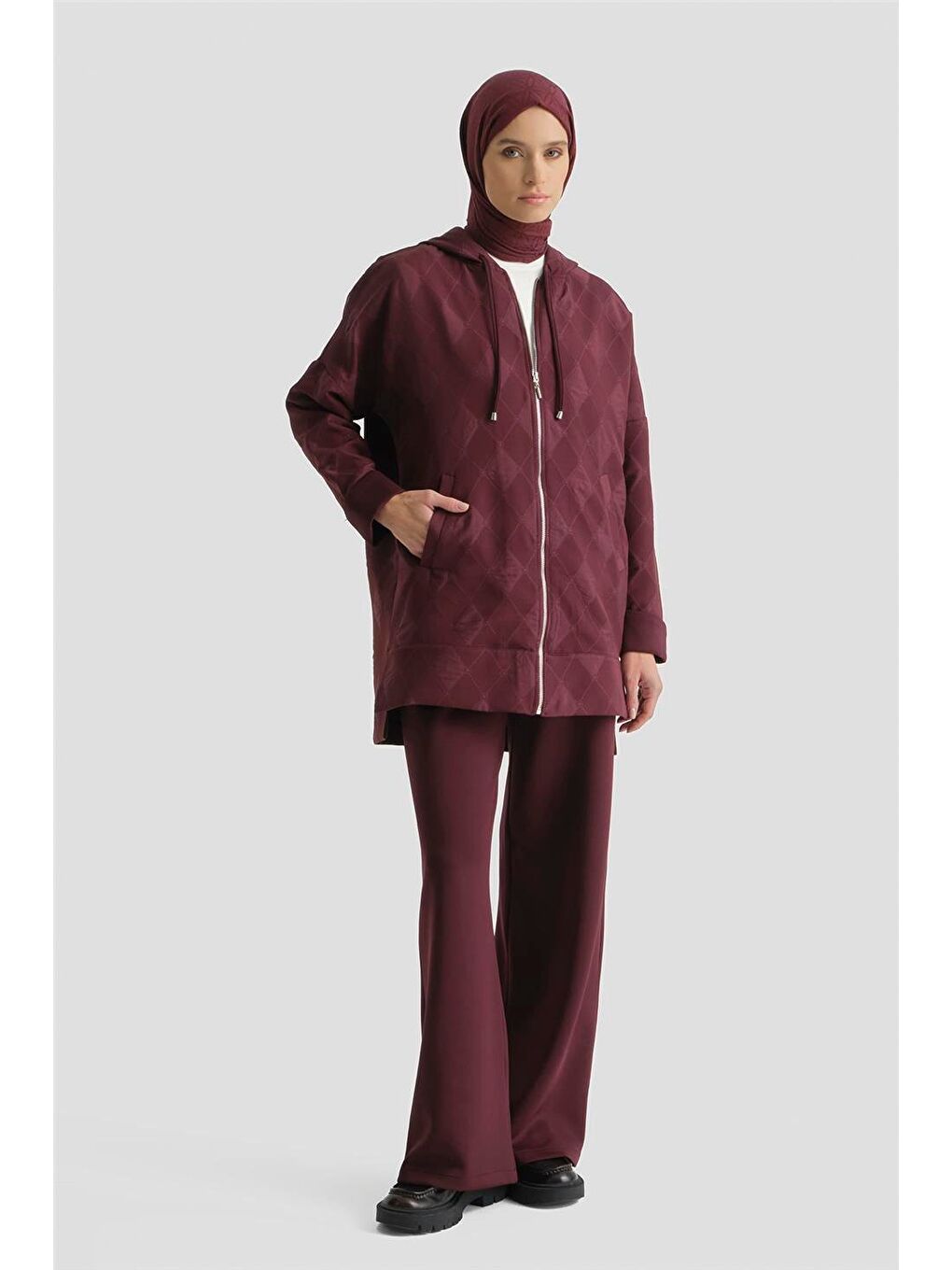 Desenli Kapüşonlu Relax Takım Bordo-1