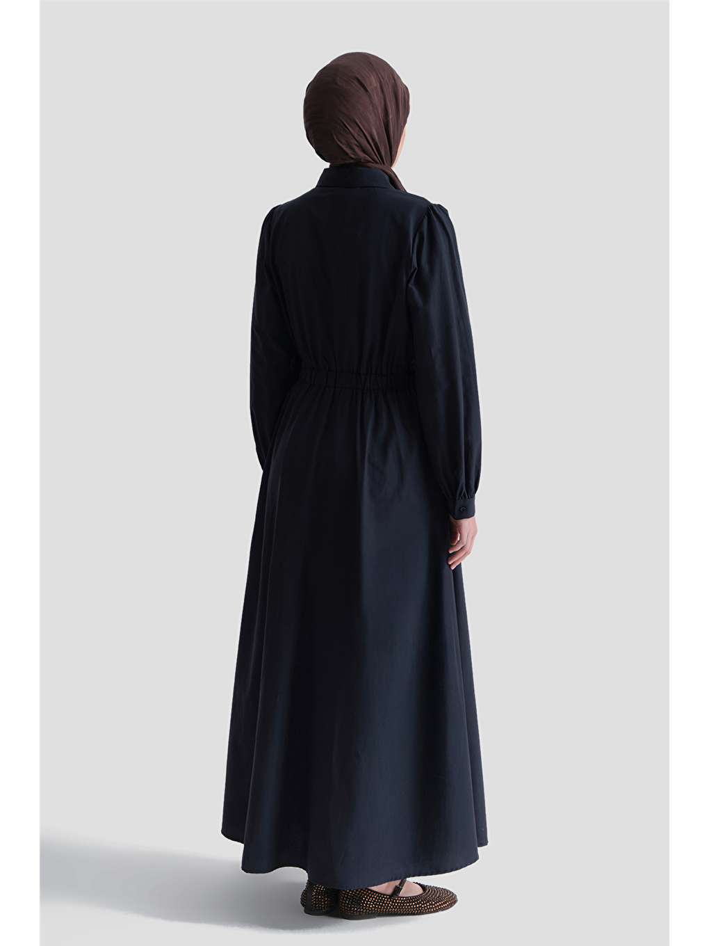 Beli Lastikli Poplin Elbise Lacivert-3