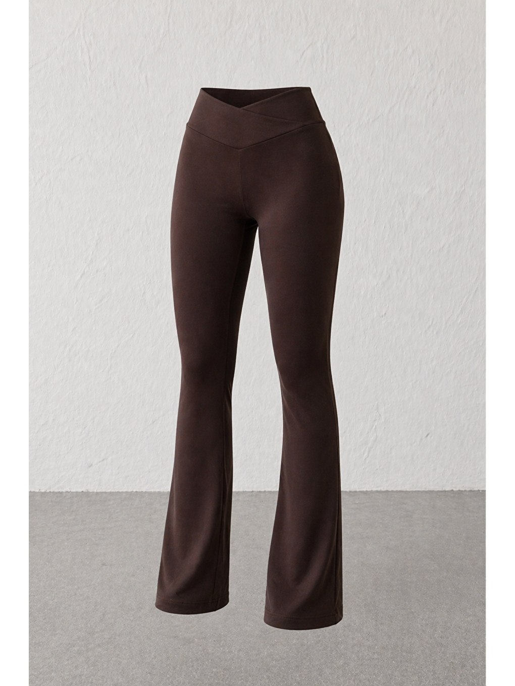 Kahverengi Kadın Ekstra Yüksek Bel Toparlayıcı İspanyol Paça Ribana Kumaş Esnek Spor Rahat Günlük Tayt-3