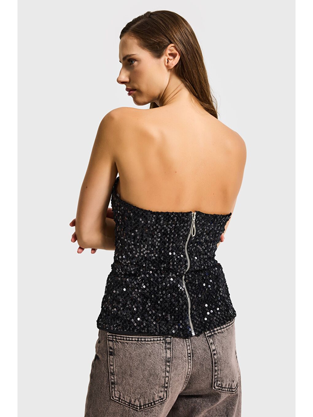 Kadın Siyah Renk Pul Payet Detaylı Straptez Fermuarlı Büstiyer-1